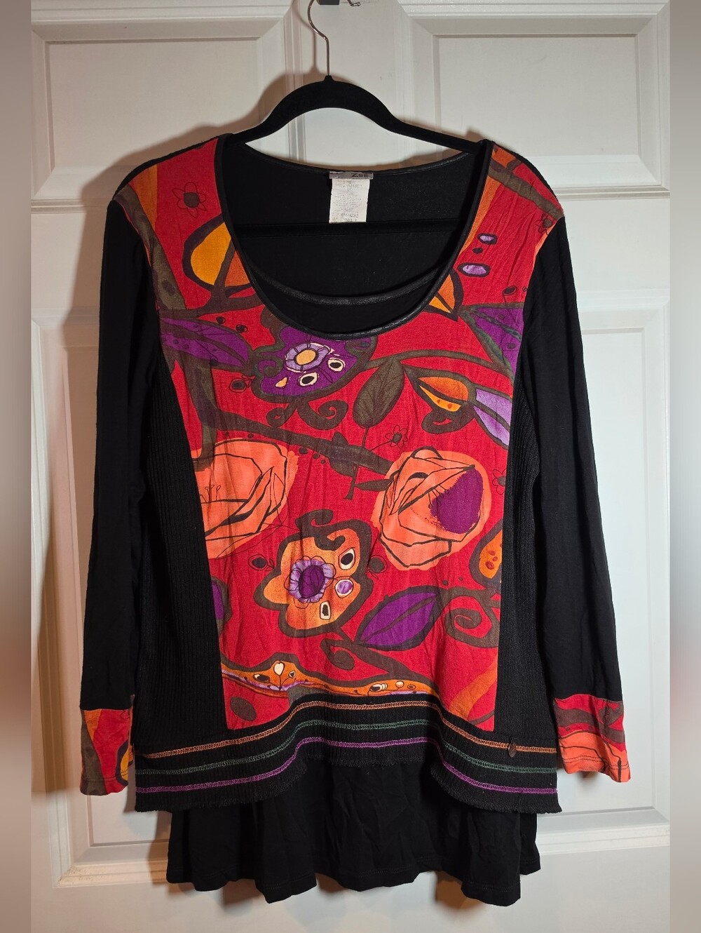 Zoe Vintage Black Colorful Abstract Layered Button Back Tunic Top XL
